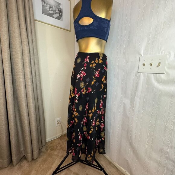 Floral Women's Maxi Lined Skirt Small Oriental Elastic Waist Lined Black Red Ylw - Picture 4 of 7